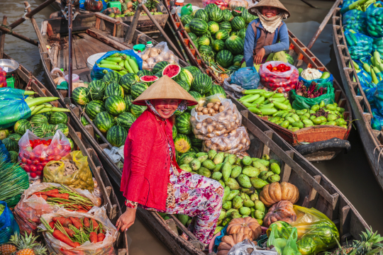 Frau mit traditionellem vietnamesischem Hut auf einem Boot voll mit Gemüse und Obst, Floating Markets
